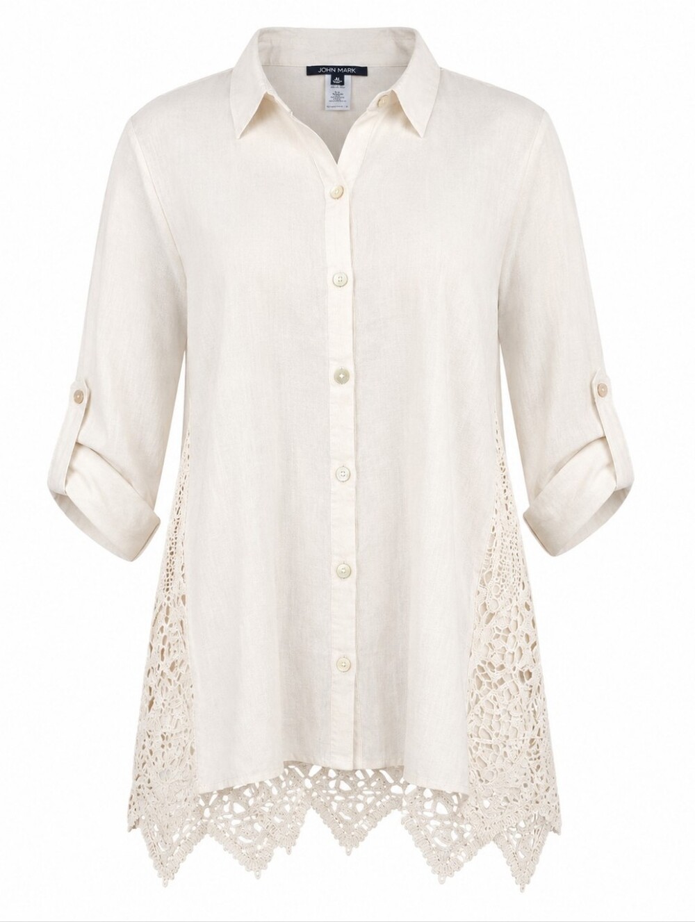 JOHN MARK | Linen Body Cotton Crochet Lace Button Down Tunic Roll Tab Shirt | XL